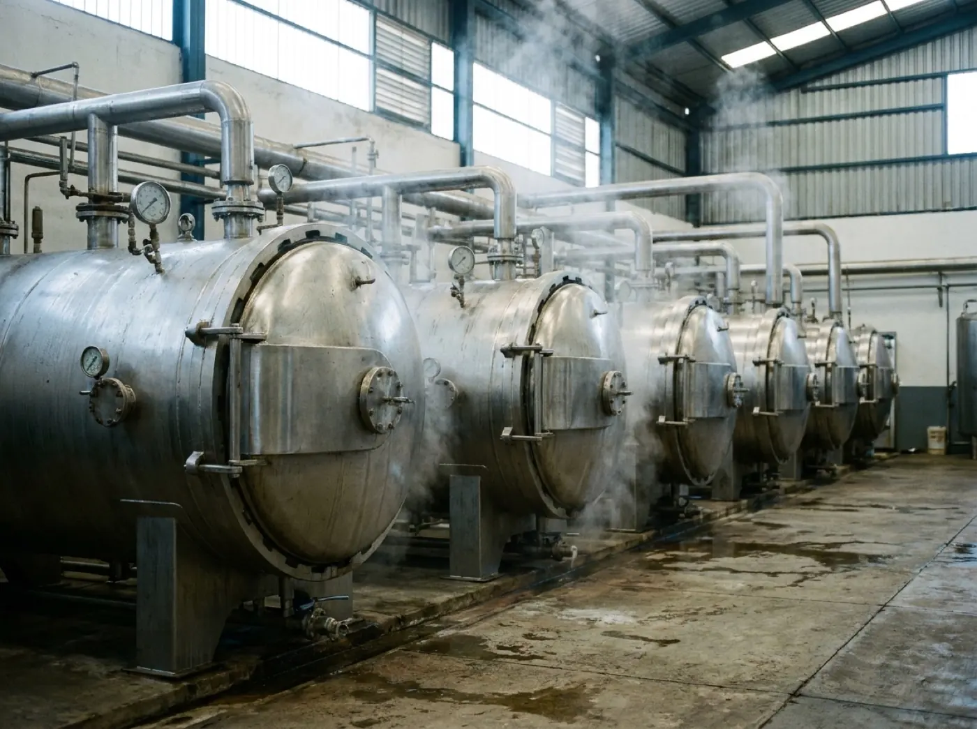 A row of stainless steel autoclaves under steam