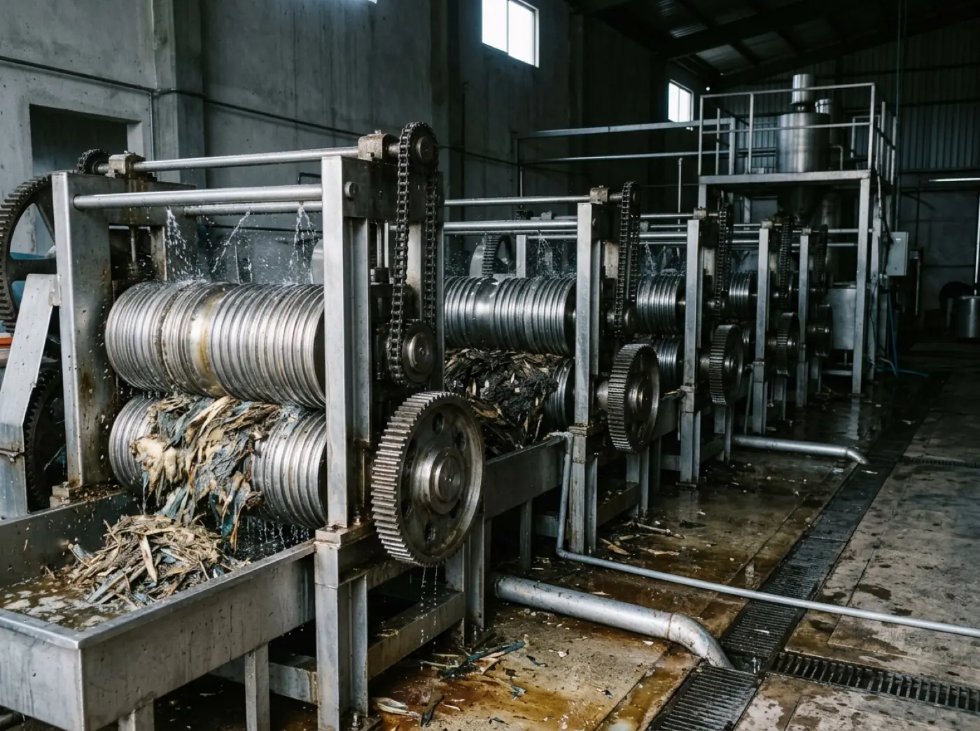 A stainless steel roller mill train washing sugar from the fibre