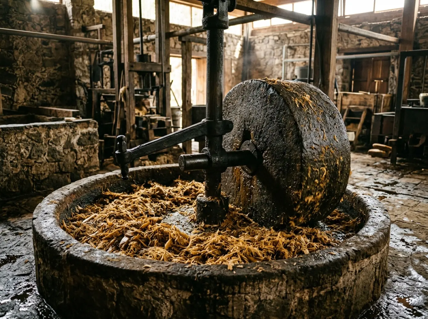 A volcanic stone tahona crushing cooked agave fibre