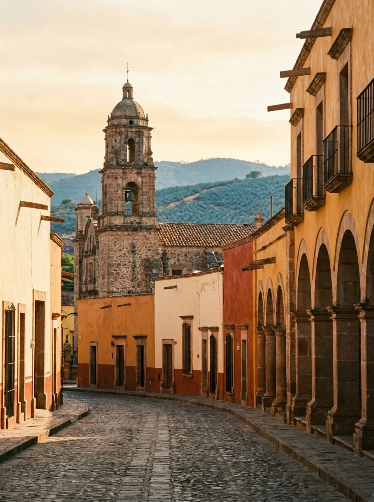 Cobbled street and church tower in the Pueblo Mágico of Tequila, Jalisco